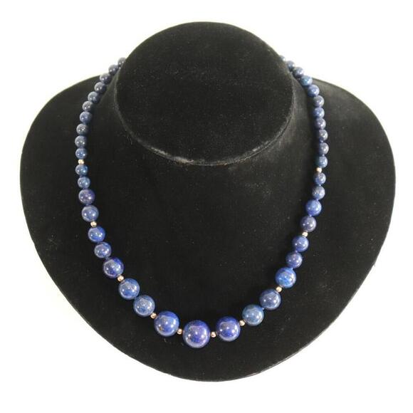 Vintage Lapis Lazuli Bead Necklace 14K Gold Screw Barrel Clasp Blue Gemstone - Picture 4 of 10